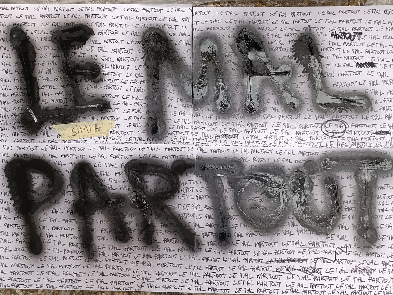 Graffiti art with repeated handwritten text 'LE MAL PARTOUT' covering the background and large spray-painted letters spelling 'LÉNAL PARTOUT' and 'PAR TOUT' across the top and bottom.