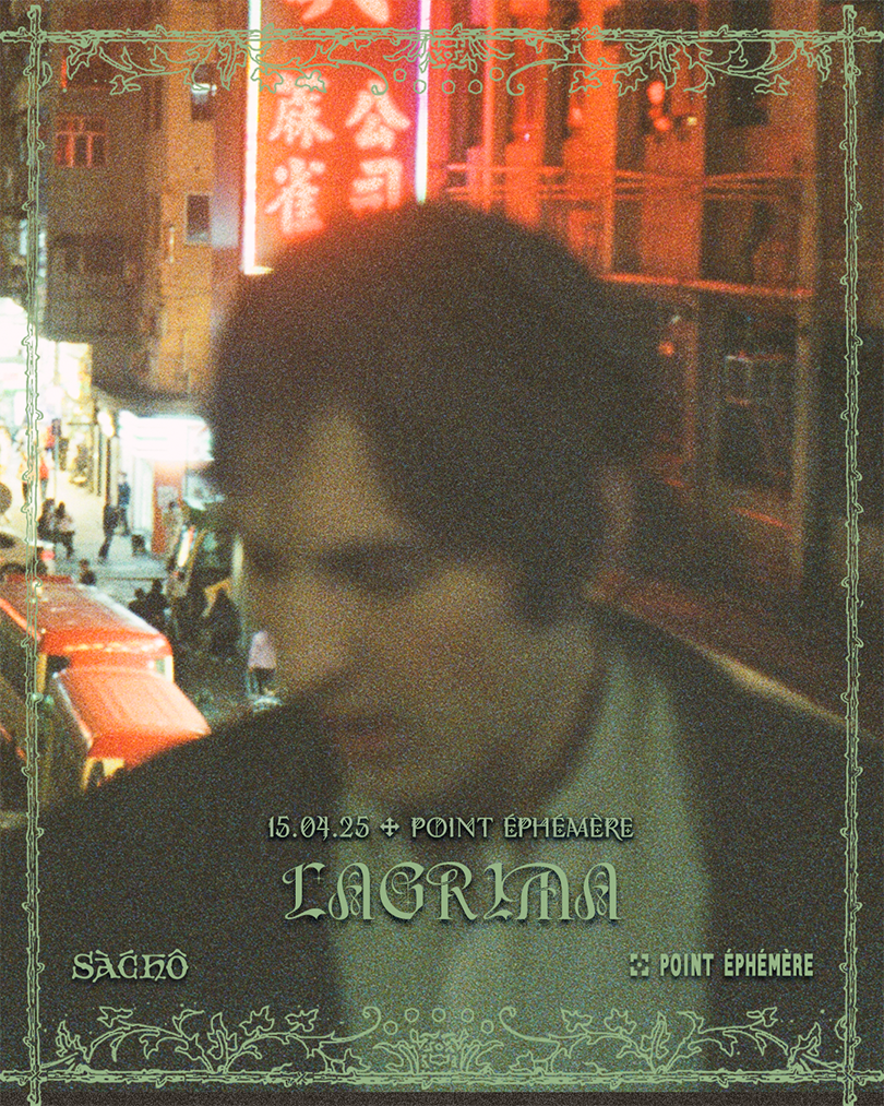 Blurred portrait of a person with dark hair on a neon-lit city street at night, overlaid with decorative green text and designs.