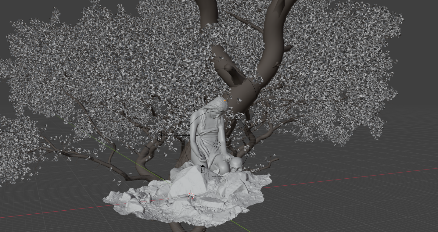 3D grayscale model of a woman kneeling on rocky ground under a large tree with dense foliage.