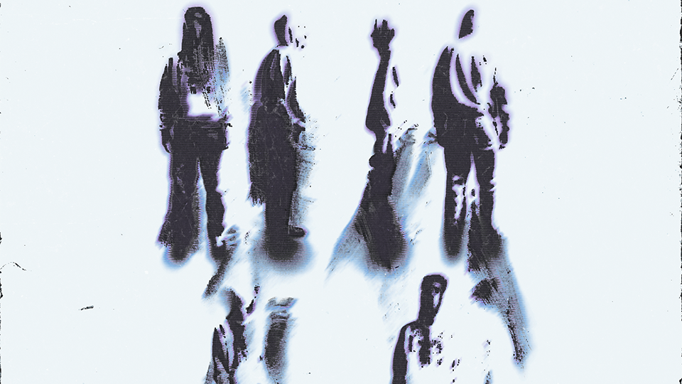 Abstract, blurred silhouettes of six standing figures in black and white with blue shadows on a light background.