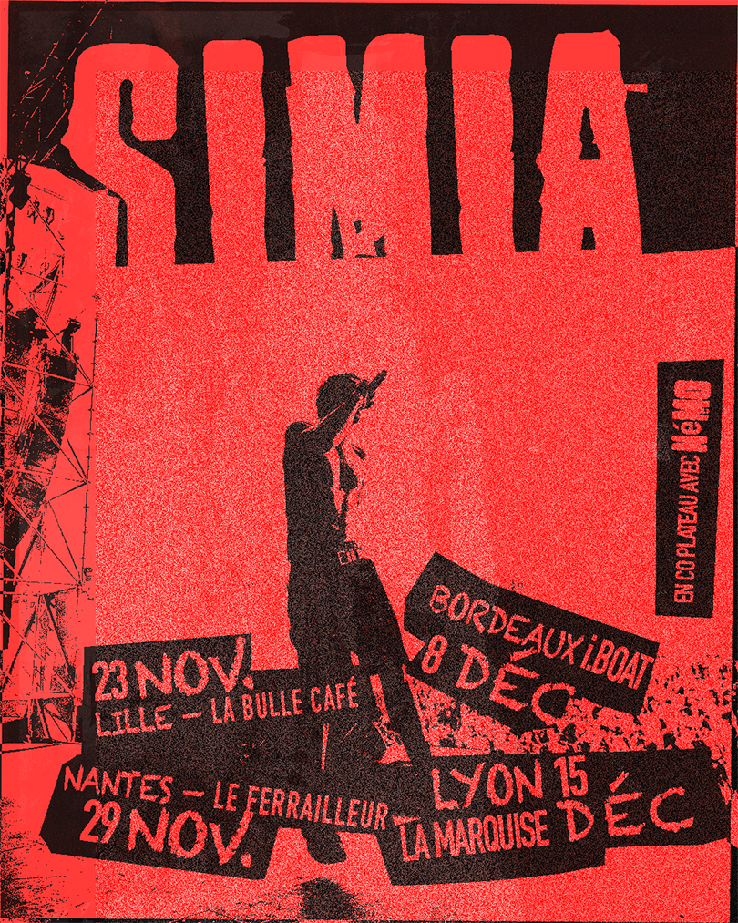 Red and black concert poster for SIMIA with silhouette of a performer holding a microphone on stage, listing tour dates and locations in Lille, Nantes, Bordeaux, and Lyon in November and December.