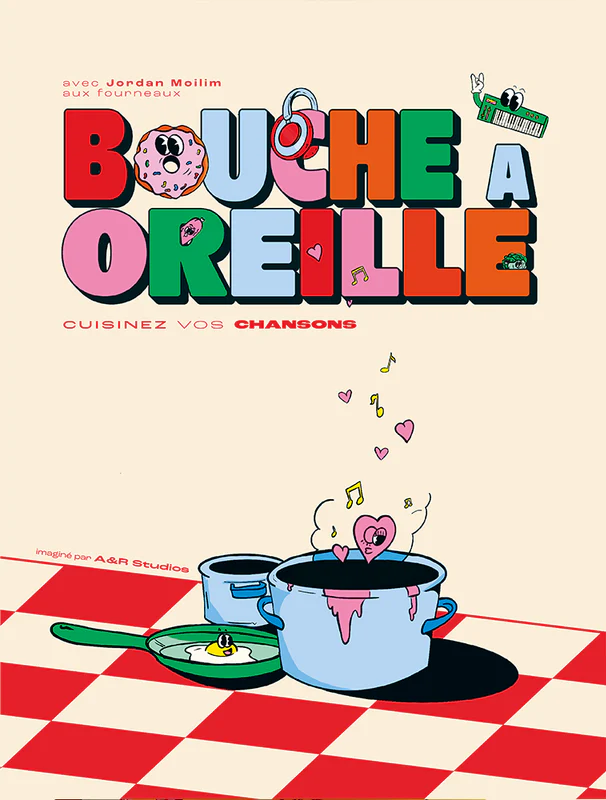 Colorful text 'Bouche a Oreille' with playful illustrations like a donut, headphones, and keyboard, above a cooking pot on a red-and-white checkered floor with musical notes and hearts rising from the pot.