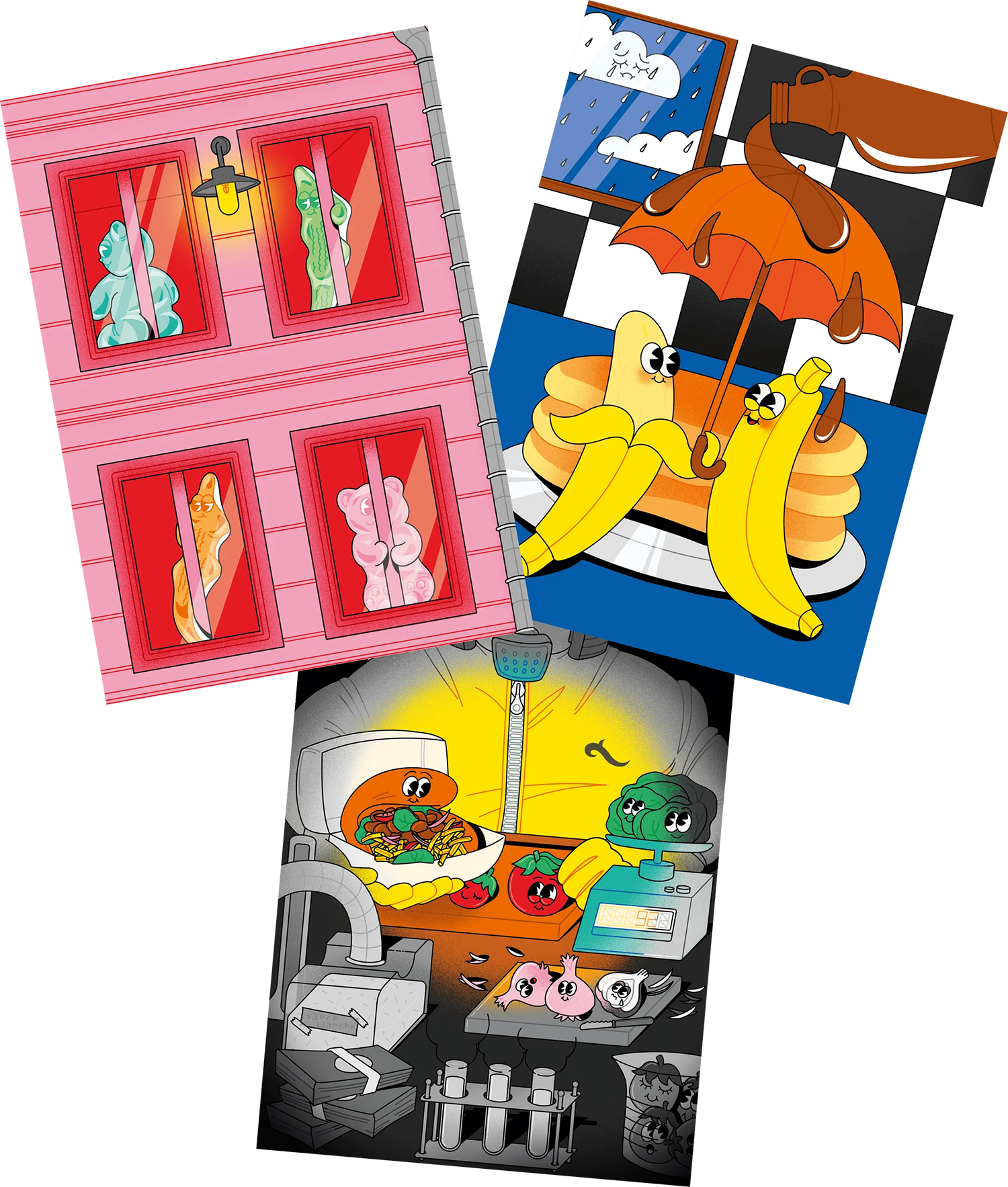 Three colorful cartoon scenes: gummy bears behind barred windows in a pink building, two smiling banana characters under a dripping umbrella with pancakes and a jug, and animated vegetables and a burger in a lab with test tubes and a weighing scale.