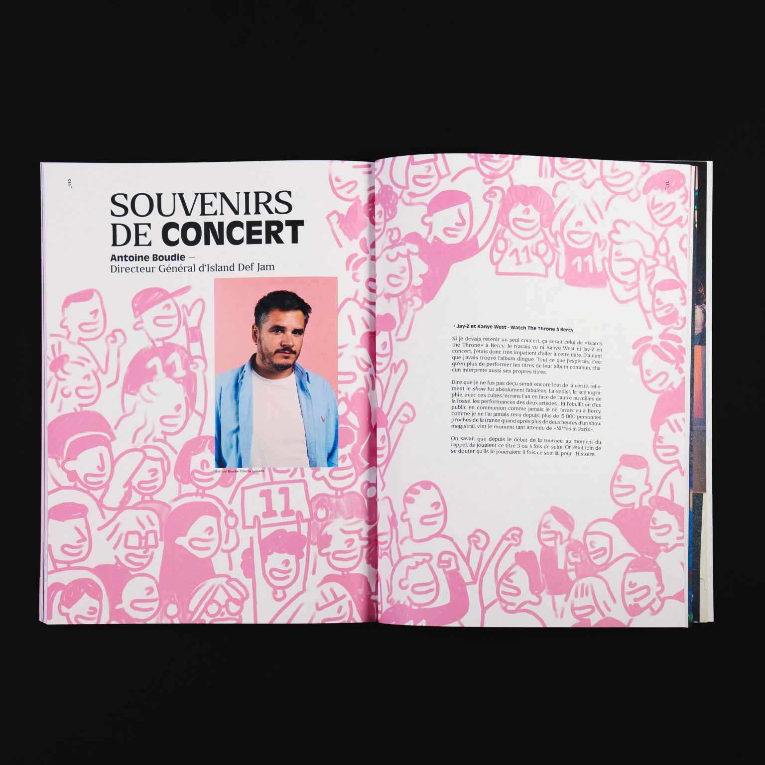 Magazine spread titled Souvenirs de Concert featuring a portrait of Antoine Boudie with pink cartoon crowd illustrations surrounding the text.