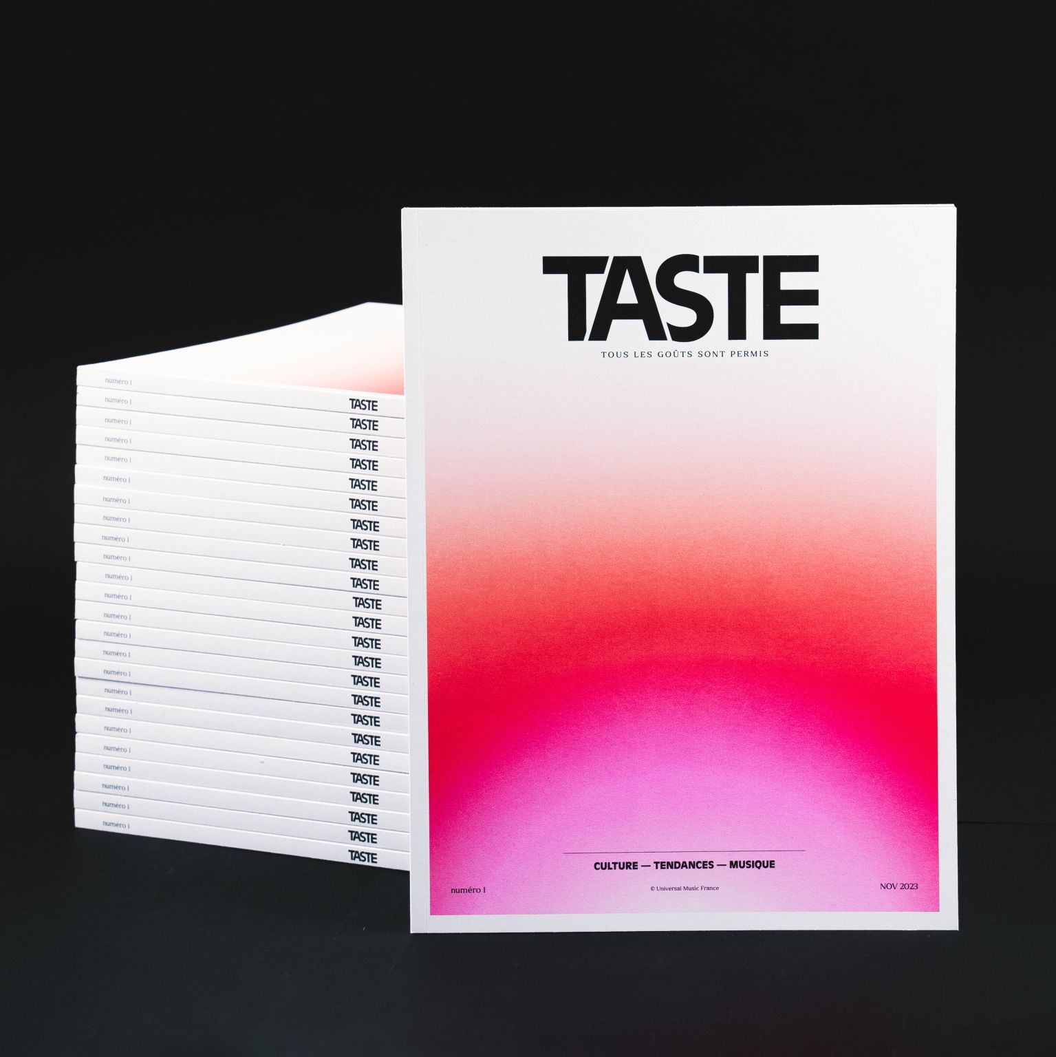 Stack of TASTE magazines with a front cover featuring a gradient from red to pink and text about culture, trends, and music.
