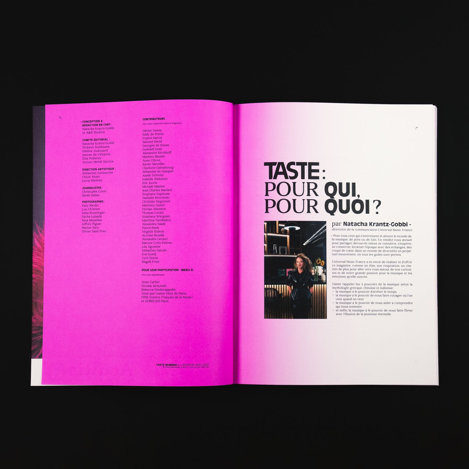 Open magazine spread featuring contributors list on a bright pink page and an article titled 'TASTE: POUR QUI, POUR QUOI?' with a photo of a smiling woman standing indoors.
