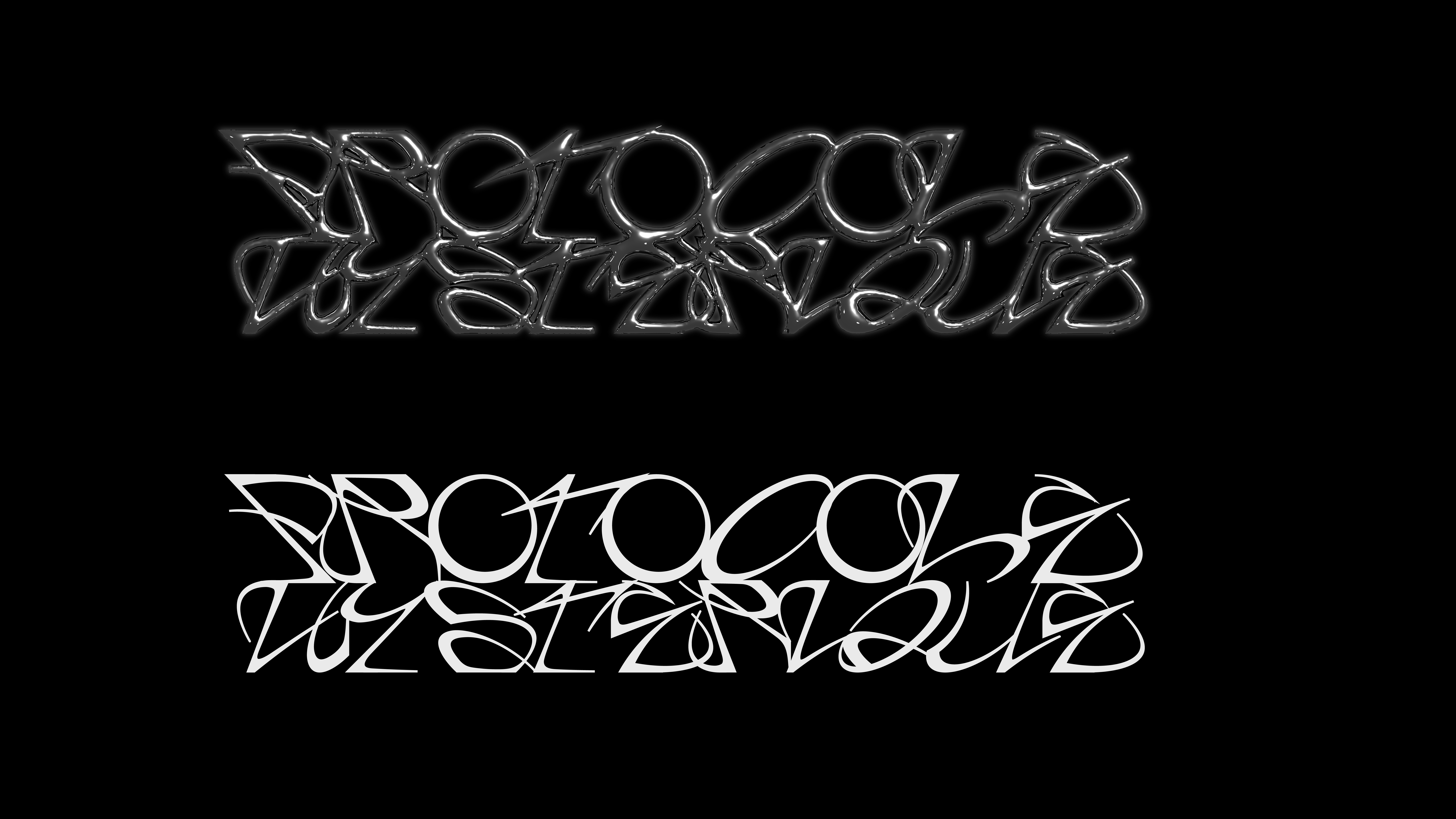 Two stylized, abstract text graphics reading 'PROTOCALIS TOUZTARUUS' with the top version glowing and the bottom version in white on a black background.
