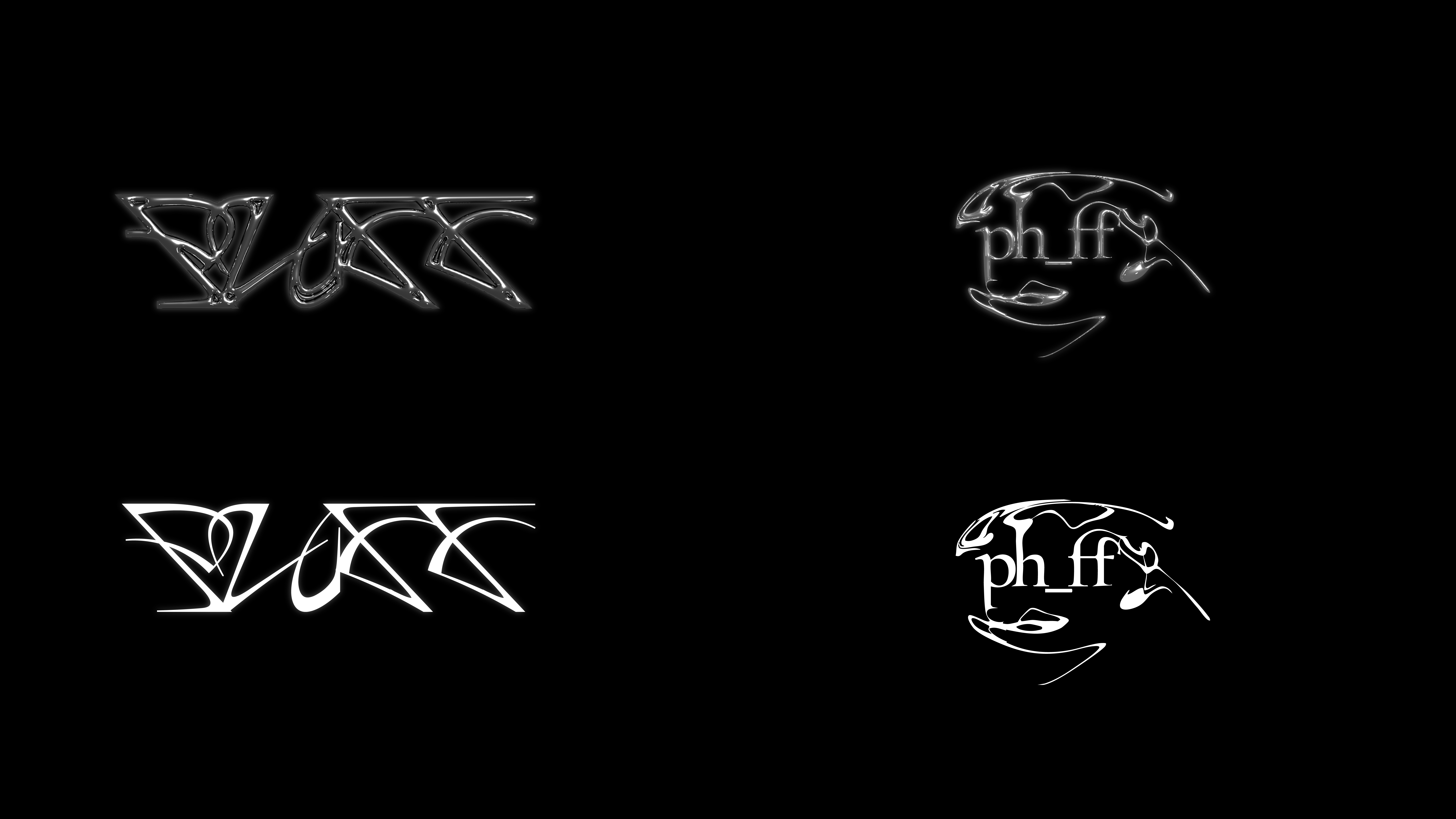 Two stylized logos featuring abstract animal figures; the left contains angular shapes, and the right contains the letters 'ph_ff' within a curving design.