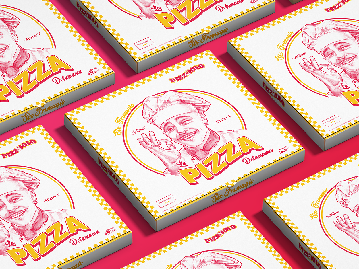 Multiple white pizza boxes with yellow checkered borders and a smiling chef illustration making an 'okay' hand gesture on a pink background.