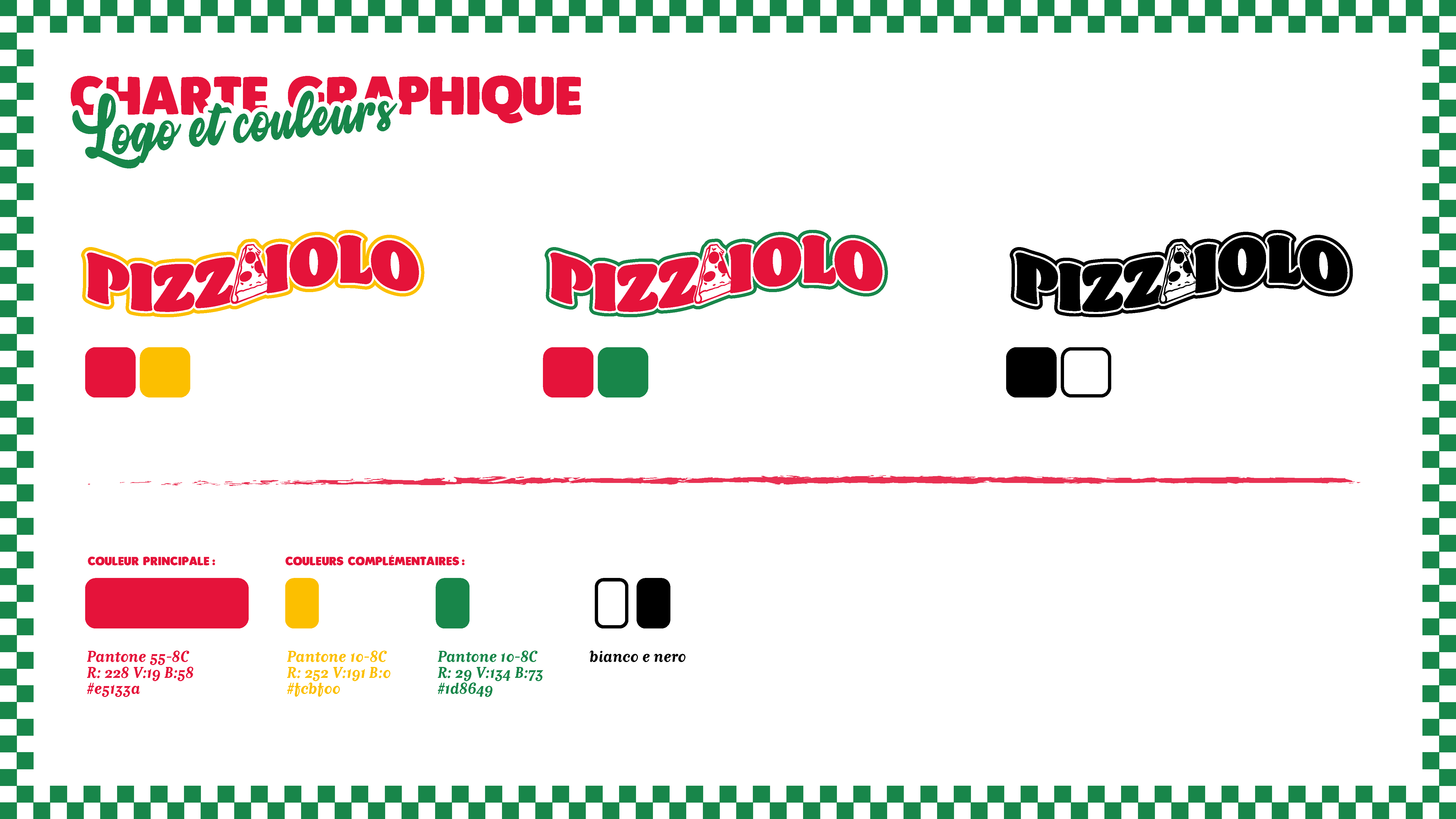 Graphic design guide for Pizzaiolo logo with three color variations: red and yellow, red and green, and black and white, showing Pantone and RGB codes.