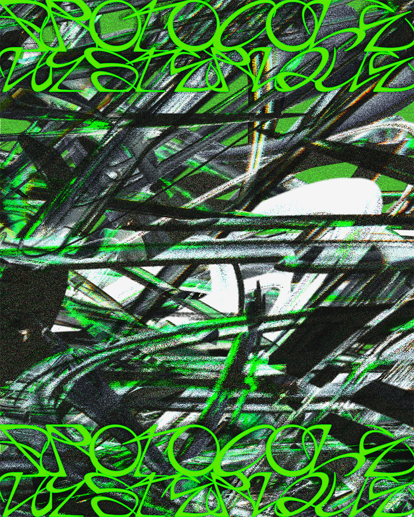 Abstract chaotic artwork with overlapping black and green brush strokes and green graffiti-style text at top and bottom.