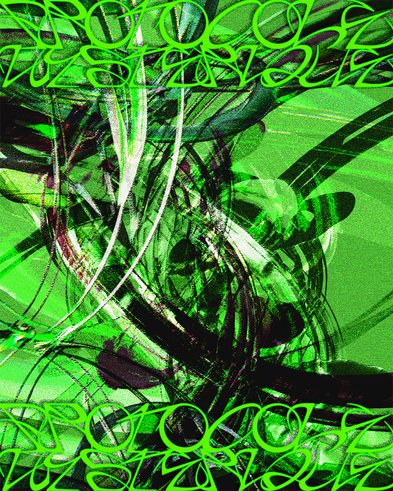 Abstract digital artwork with swirling, chaotic black and white lines over a bright green background, accented by neon green graffiti-like text at the top and bottom.