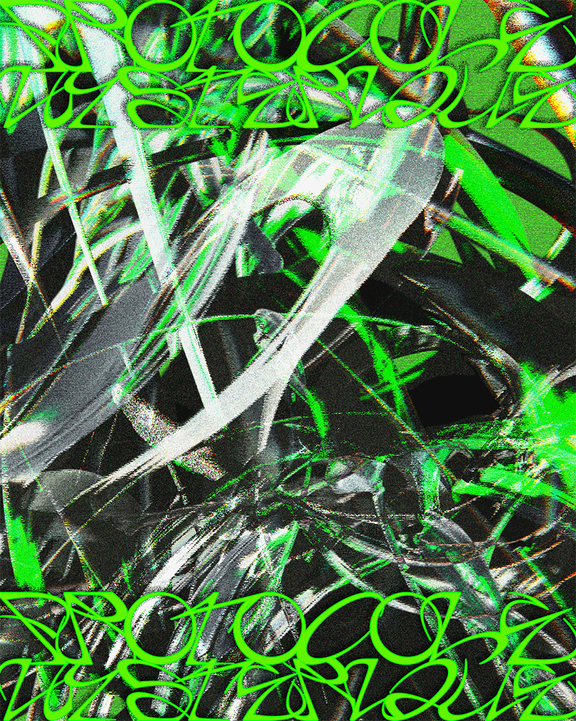 Abstract digital artwork with chaotic overlapping lines and shapes in bright green, white, black, and gray colors.