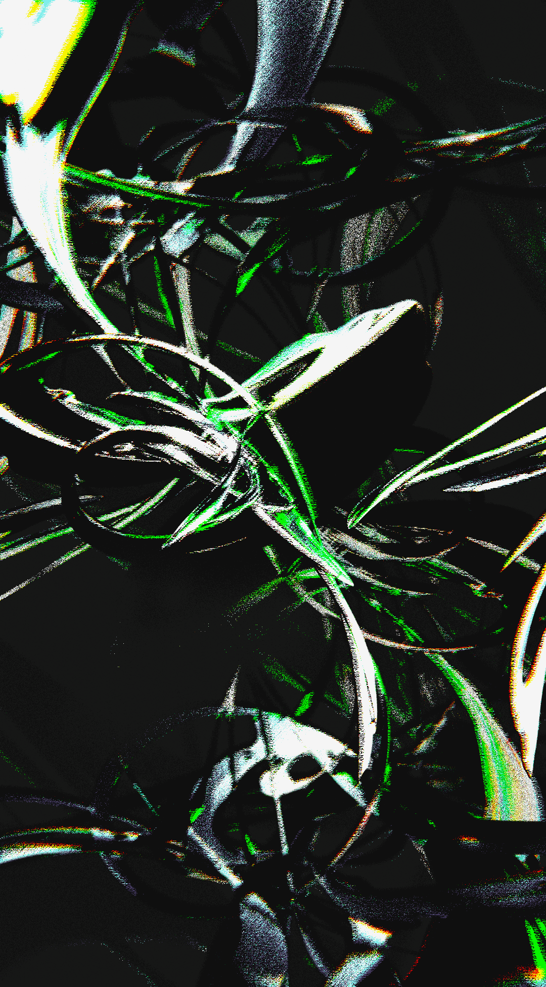 Abstract digital artwork featuring intertwined metallic and neon green ribbons and loops on a dark background.