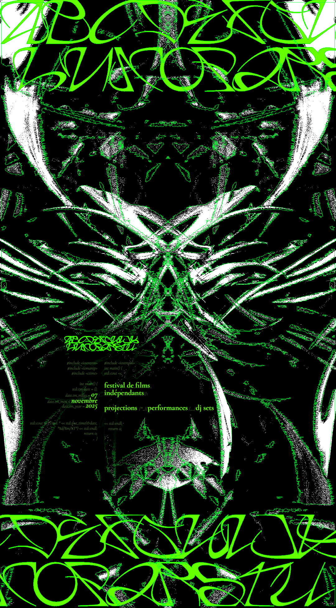 Abstract black and white symmetrical design with neon green stylized text about an independent film festival featuring projections, performances, and DJ sets in November 2025.