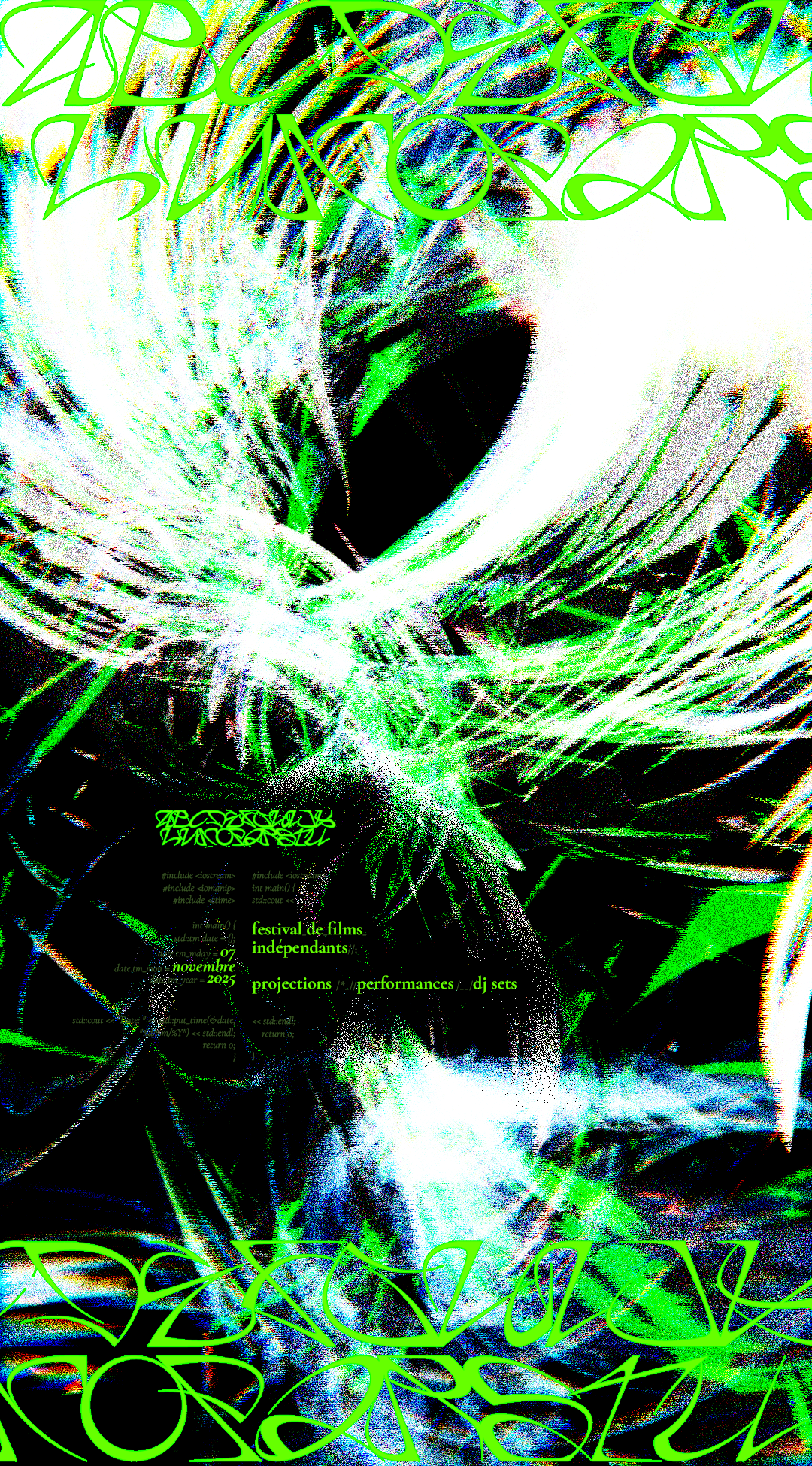 Abstract digital artwork with neon green and white swirling lines on a dark background, promoting an independent film festival with projections, performances, and DJ sets from November 7, 2025.