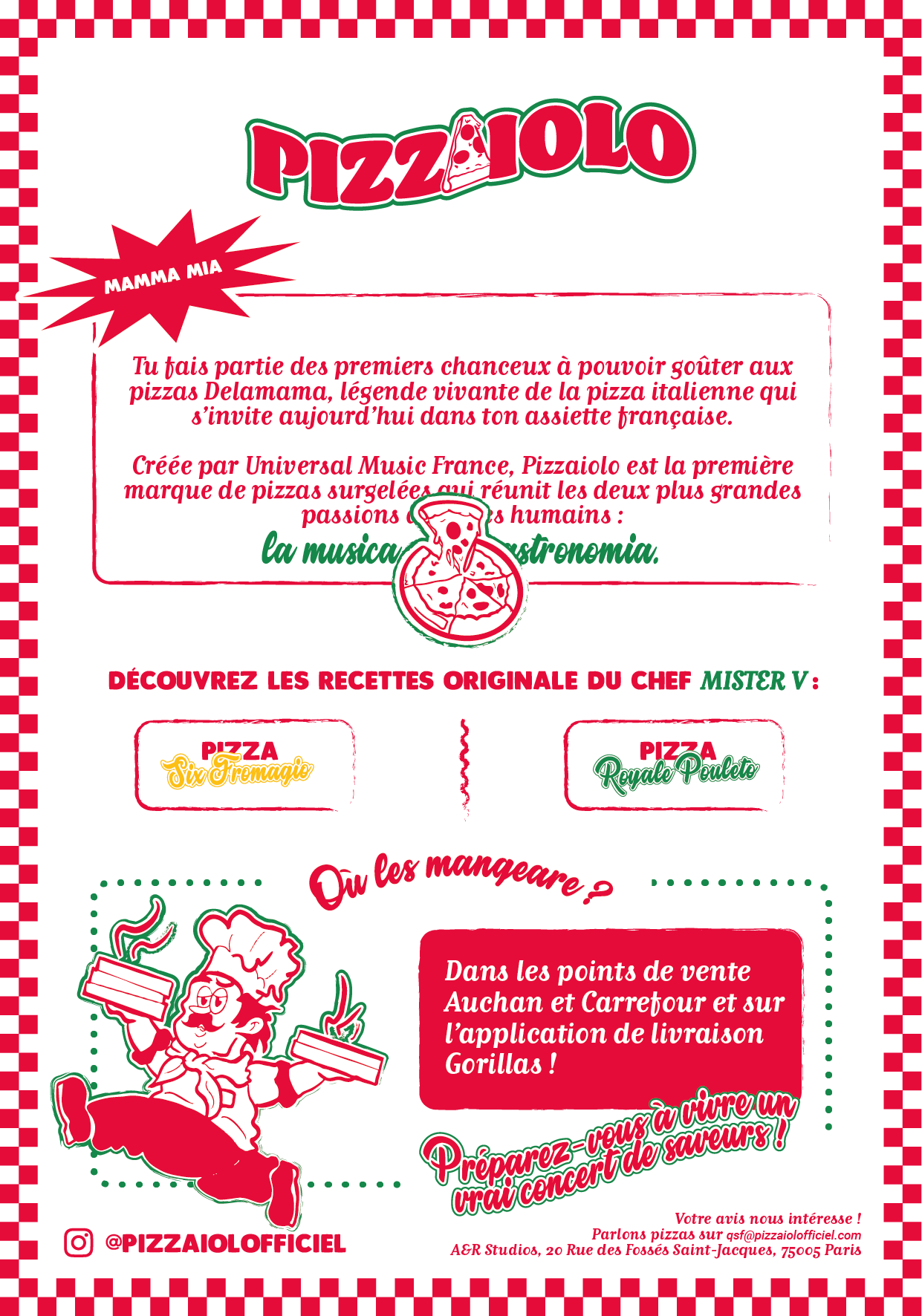 Pizzaiolo flyer with red and white checkered border, featuring text about the pizza brand, two original pizza recipes, and cartoon chef holding two steaming pizzas.