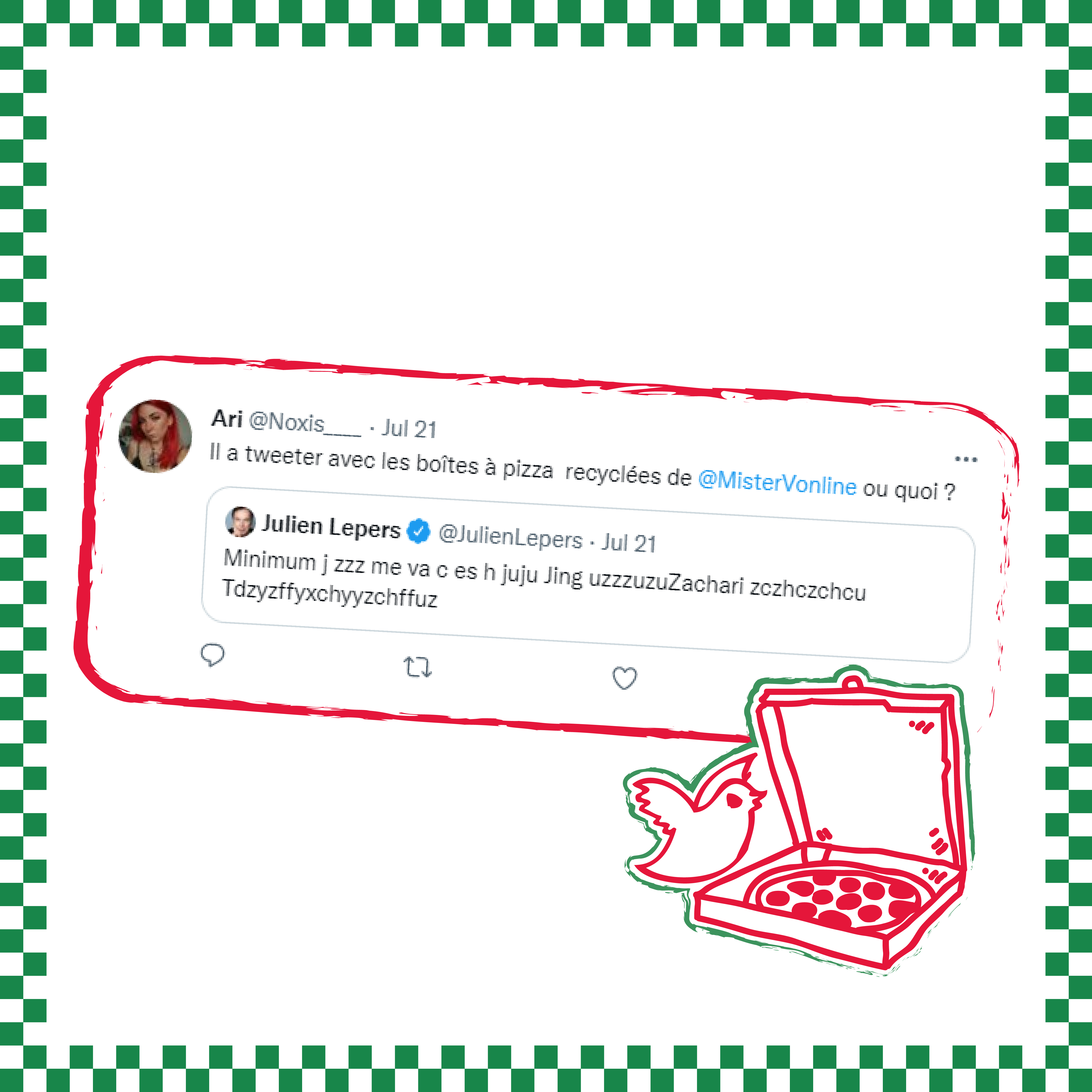 Screenshot of a Twitter exchange in French with a red and green illustration of a bird with a pizza box, framed by a green checkered border.