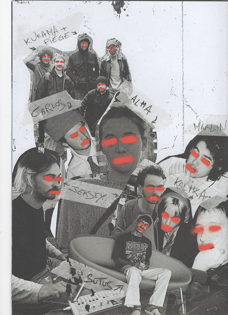 Black and white collage of multiple people with red marks over eyes and mouths, labeled with handwritten names like Kuama + Piege, Carlos, Alma, Marlin, Jersey, Kaliksa, and Sotusa.
