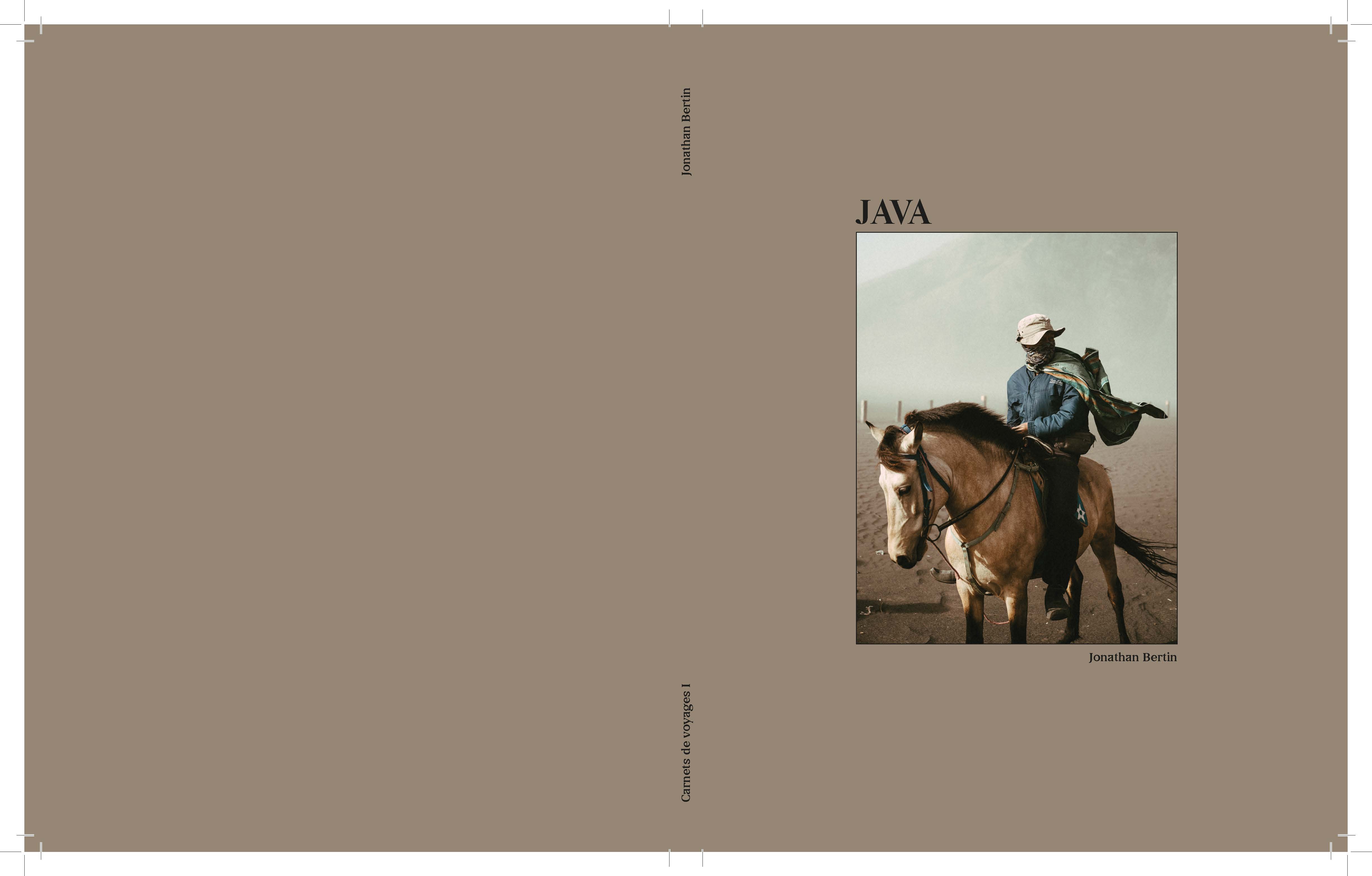 Book cover titled 'JAVA' by Jonathan Bertin featuring a person wearing a cap and scarf riding a brown horse on a sandy terrain with a misty mountain background.