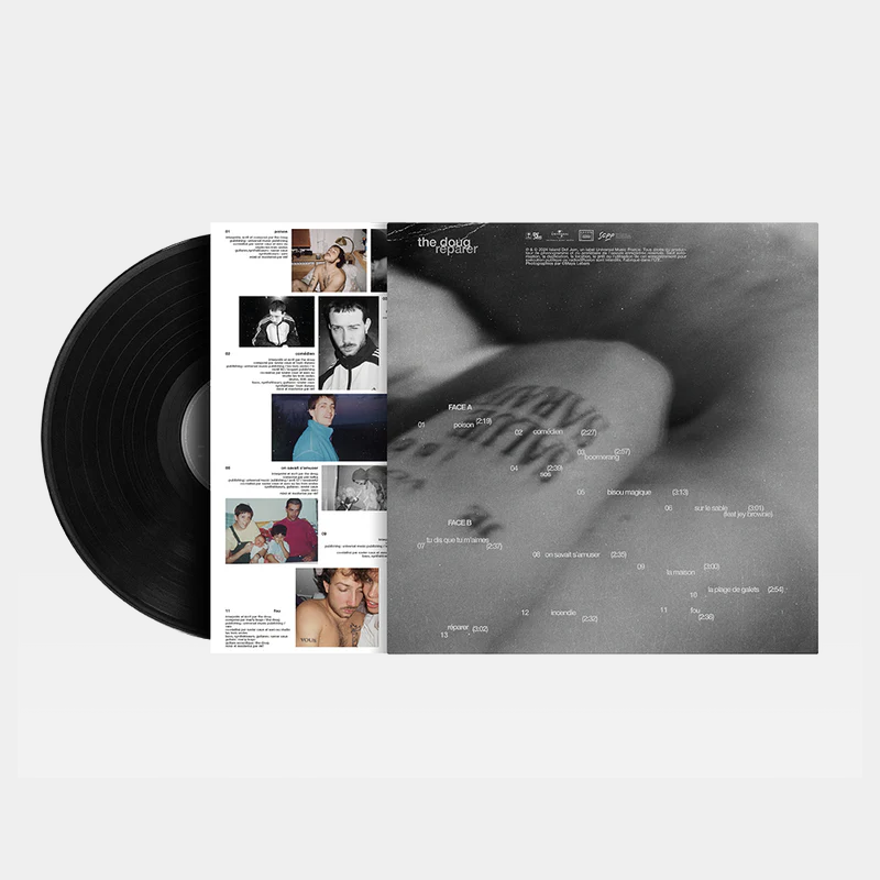 Black vinyl record partially outside its album cover showing front and back sides, featuring a blurry close-up black-and-white photo and a collage of small portraits on inner sleeve with song titles and timings listed.