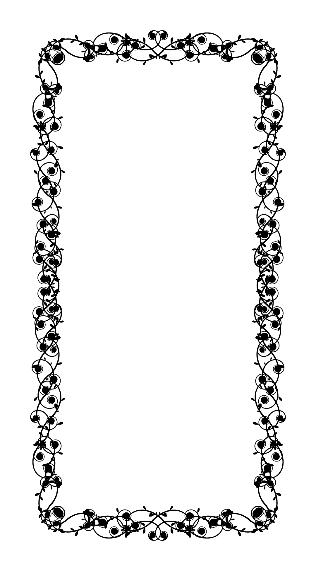 Decorative rectangular black floral frame with intricate swirling vines and circular accents on white background.