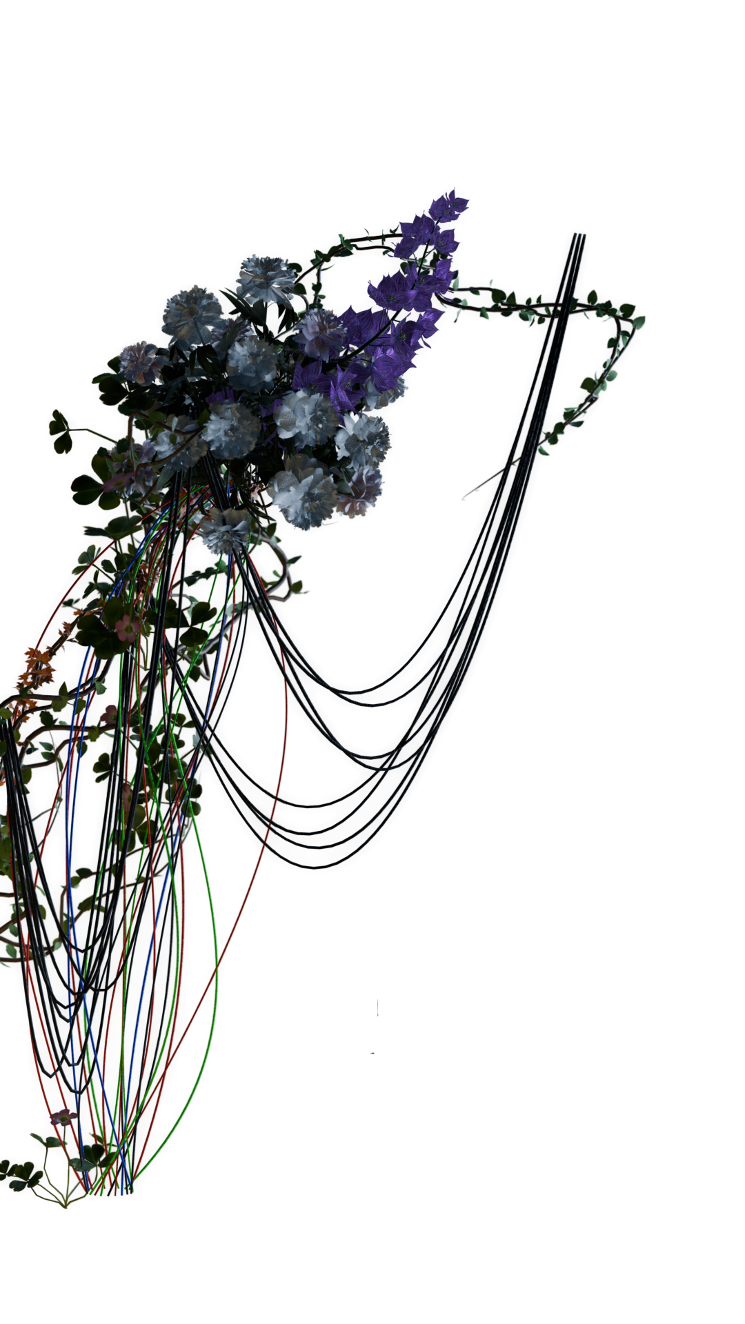 Abstract arrangement of intertwined green vines, white and purple flowers, and black wires on a black background.