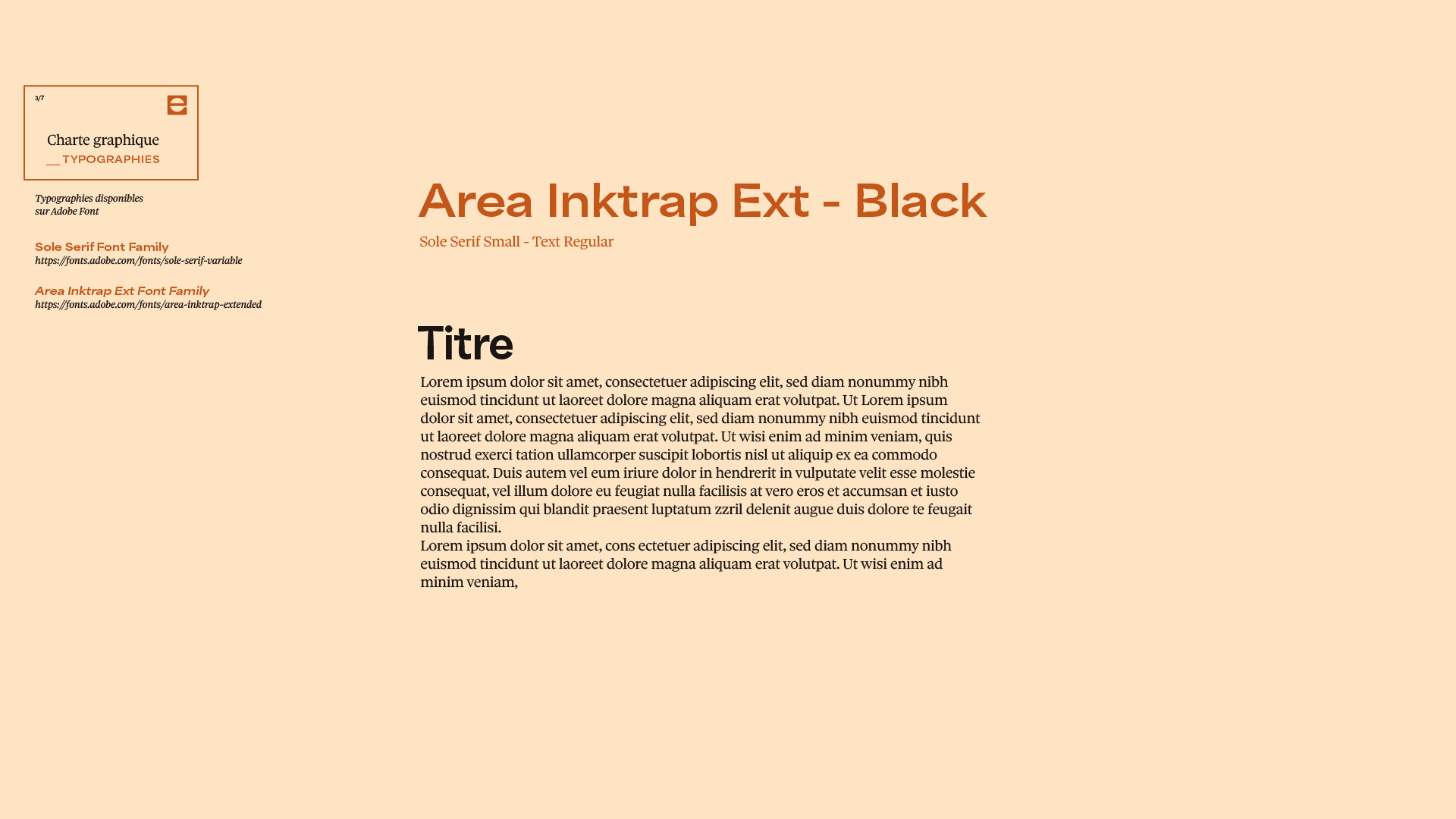 Typography style guide showing Area Inktrap Ext black font with example text in black and brown on a beige background.