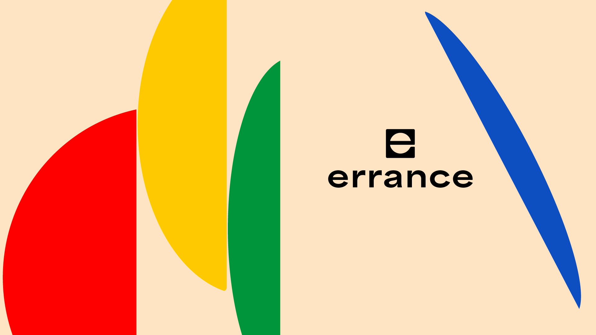 Abstract design with large curved shapes in red, yellow, green, and blue on a peach background with the word ‘errance’ and a stylized black letter ‘e’.
