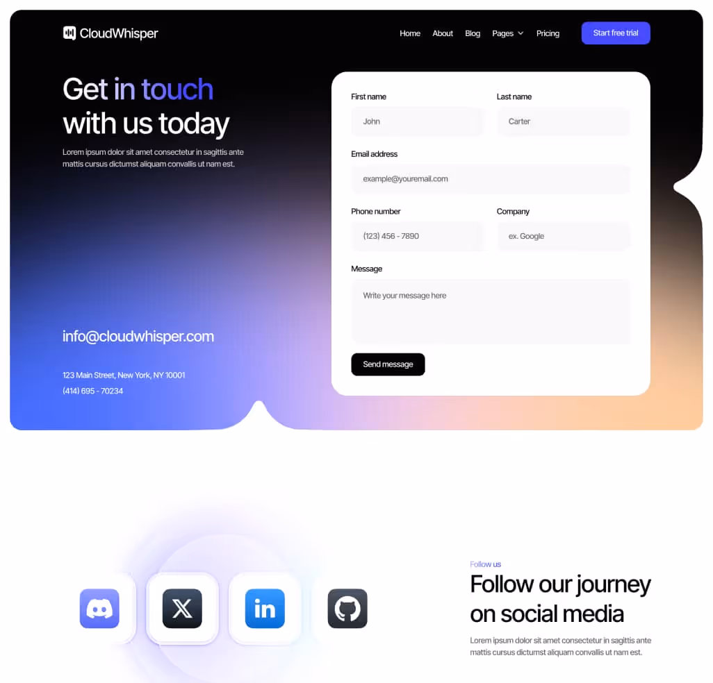 Contact V1 Page - CloudWhisper - Webflow Template | BRIX Templates