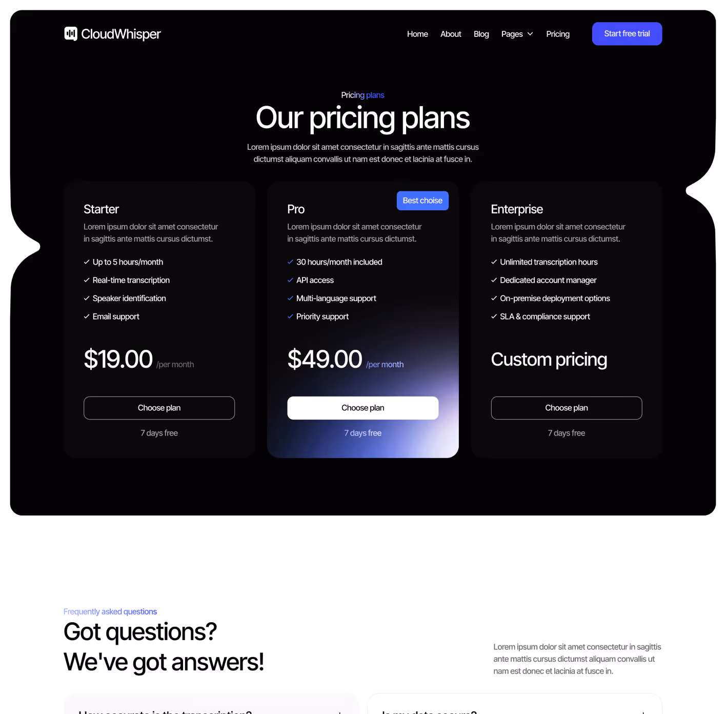 CloudWhisper - Pricing Page - Speech To Text App Webflow Template