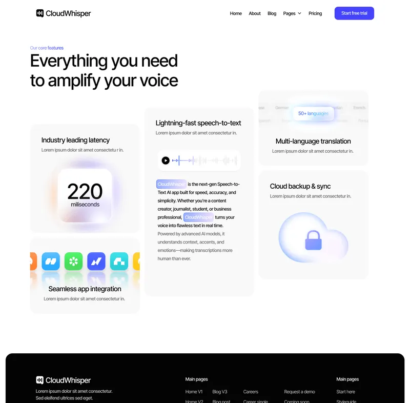 CloudWhisper - Features Page - Speech To Text App Webflow Template