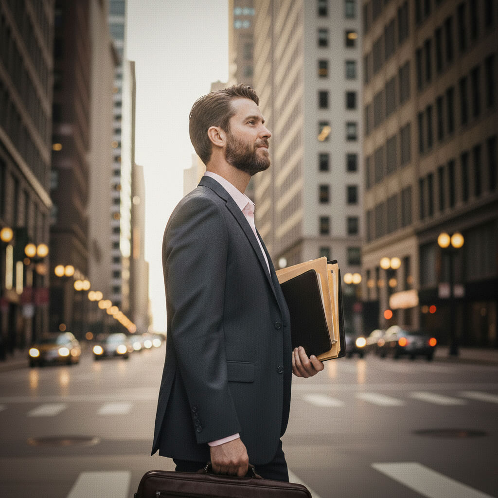 KBS accountant walking through downtown Chicago carrying a briefcase, representing the Kind Business Services team.