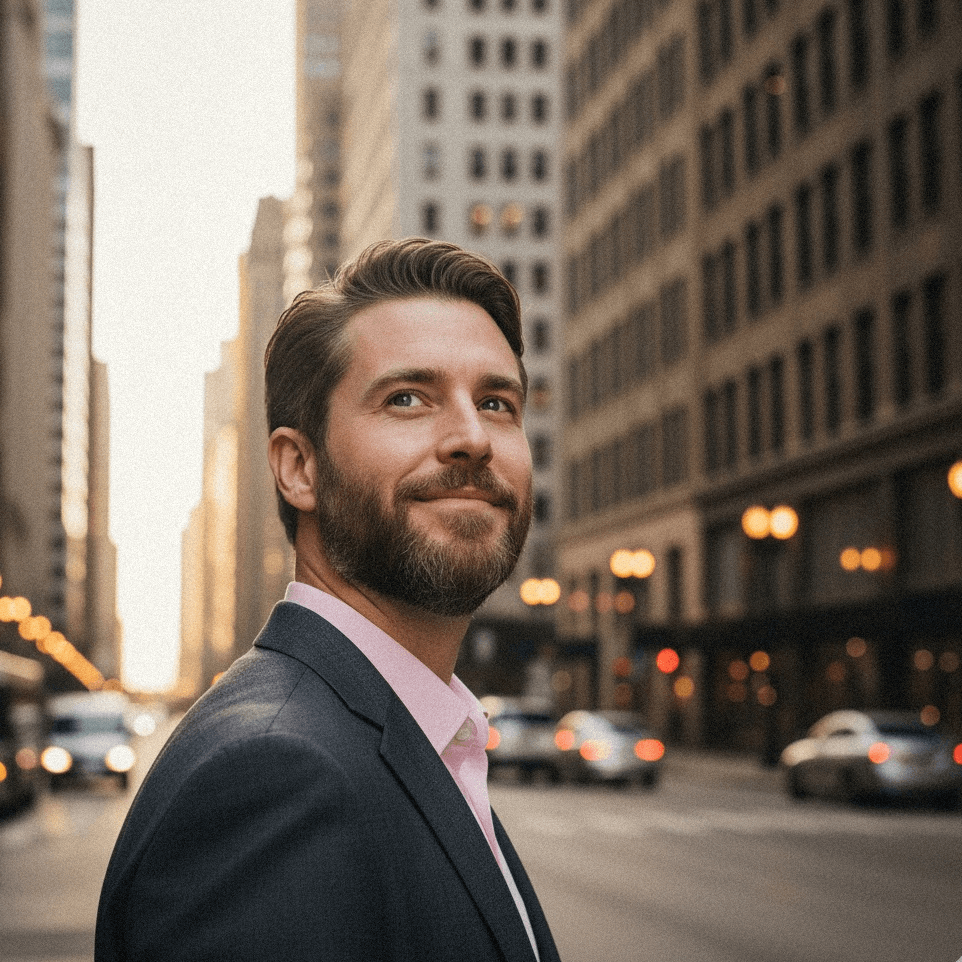 KBS accountant standing on a Chicago street, representing professional business and accounting services.