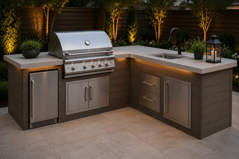 Composite wood outdoor kitchen with dark paneling, grill, and sink