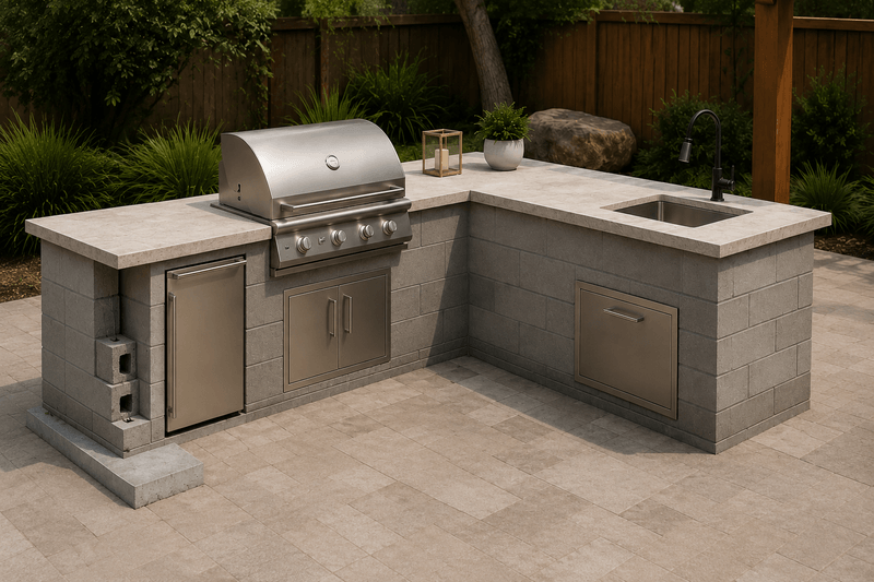 Cement block L-shaped outdoor kitchen with grill and sink