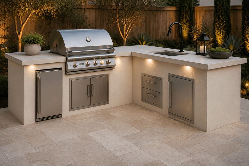 White stucco outdoor kitchen with clean modern finish