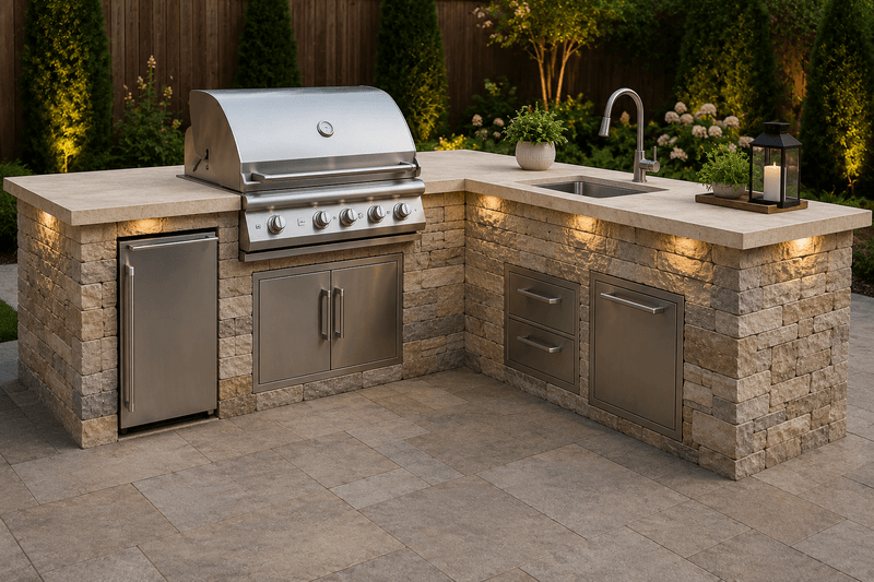Stone veneer outdoor kitchen with grill, refrigerator, and sink