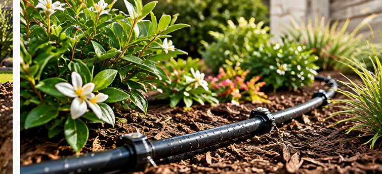 Drip irrigation watering a landscaped planting bed