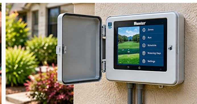 Smart irrigation controller mounted beside a home