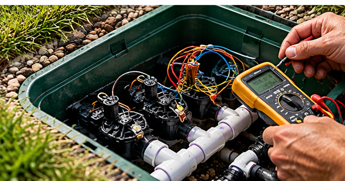 Irrigation valve box being tested with a diagnostic meter