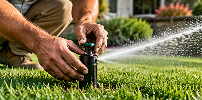 Technician repairing a sprinkler head in a lawn