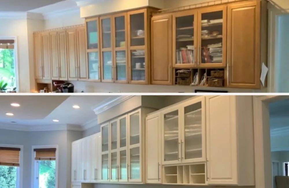 Before and after of a kitchen respray, showing old wood cabinets transformed into a modern painted finish.