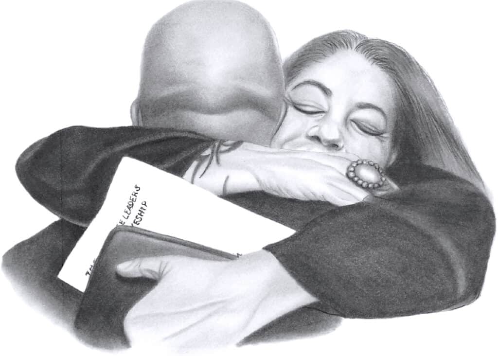 Black-and-white drawing of two people hugging.