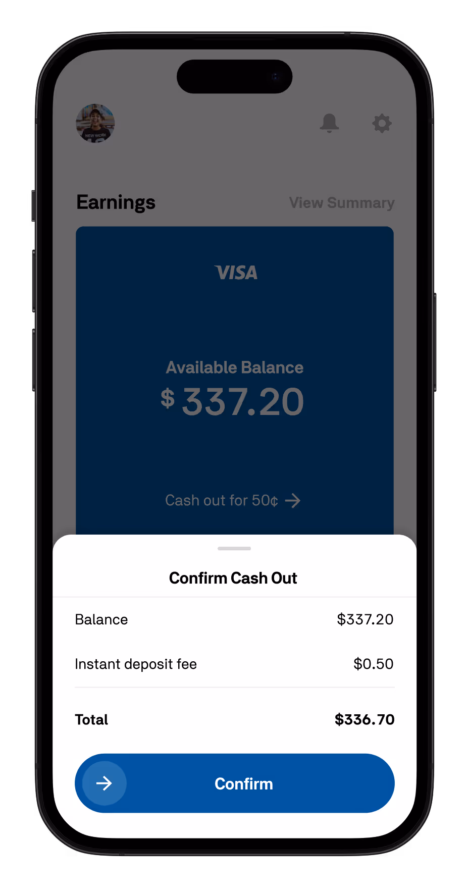 The cashout view in the Postmates app
