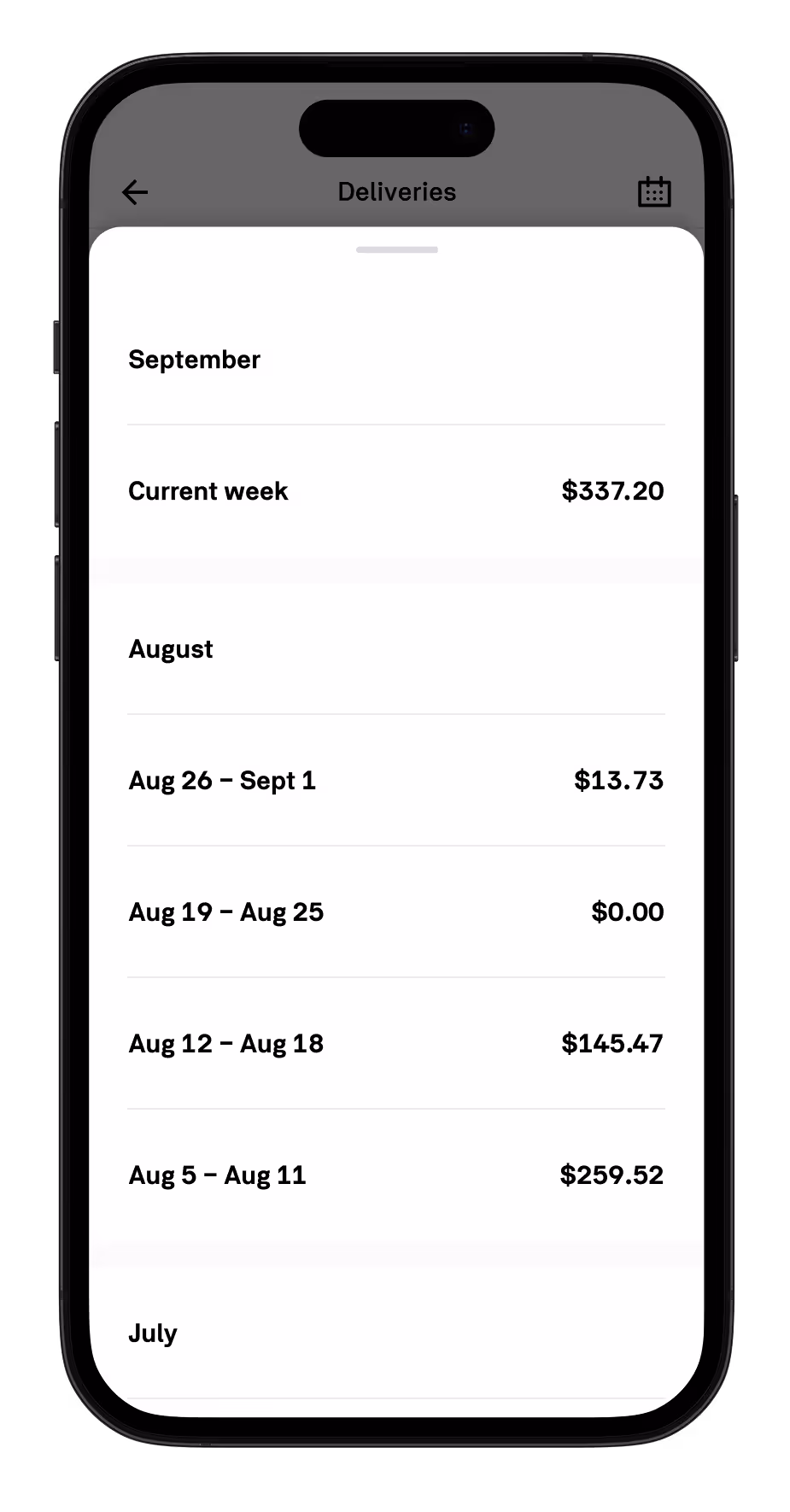 The delivery history view in the Postmates app
