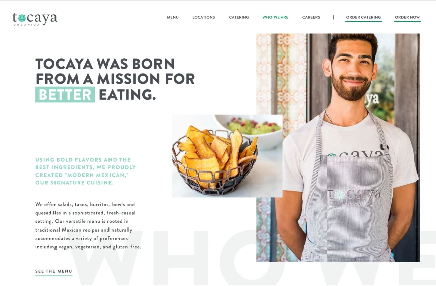 Smiling man wearing a Tocaya Organica apron stands by a doorway next to text about the brand's mission for better Mexican-inspired eating and a basket of plantain chips.