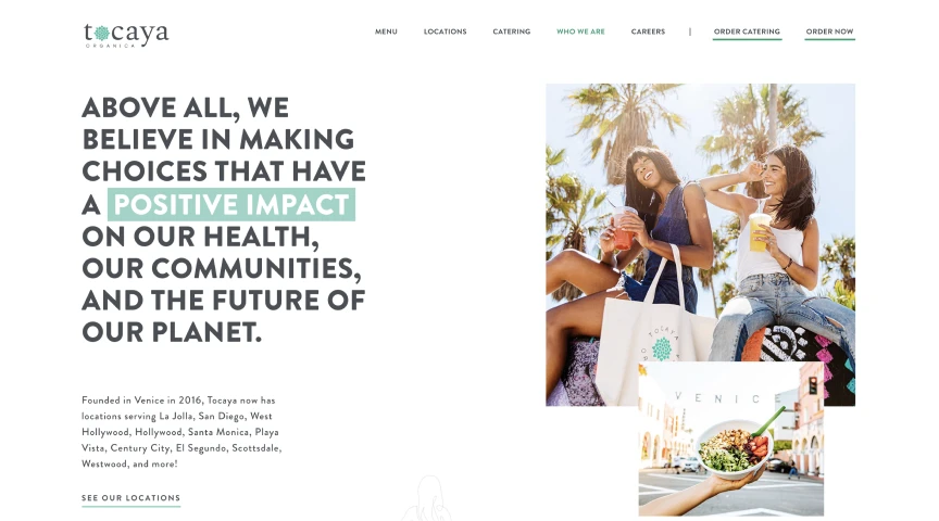 Two smiling women outdoors holding drinks and a reusable tote bag, with a smaller image of a hand holding a bowl of food in a city street setting.