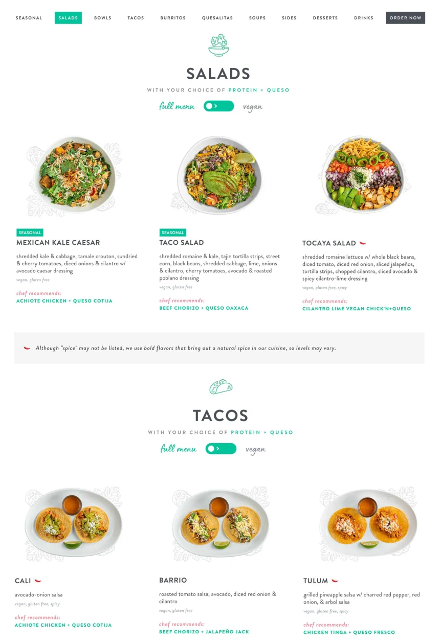 Menu section displaying salads and tacos with images and descriptions, featuring Mexican Kale Caesar, Taco Salad, Tocaya Salad, and Cali, Barrio, Tulum tacos with recommended protein and queso options.
