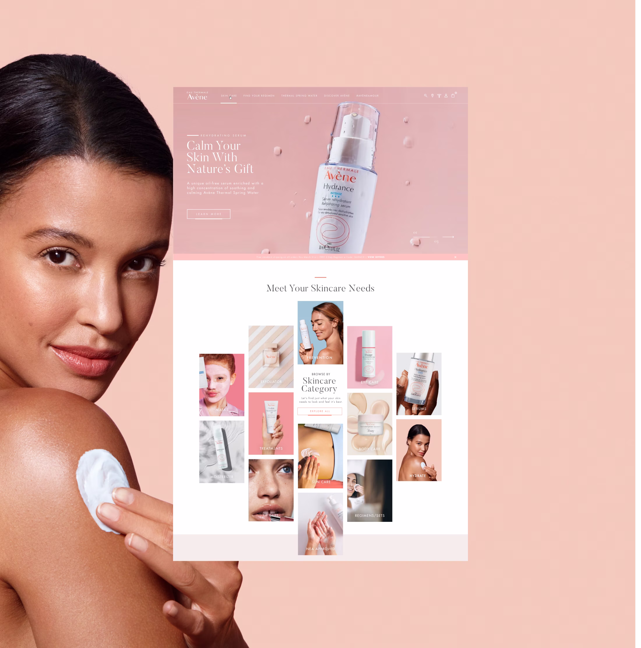 Woman with smooth skin applying cream on her shoulder next to a skincare product webpage featuring Avène Hydrance serum and skincare categories.